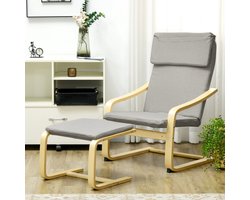 FloraGrace Fauteuil met Hocker 66,5 x 80 x 99 cm - Hoofdsteun en Armleuningen - Voor Woonkamer en Slaapkamer - Linnenlook en Hout - Lichtgrijs