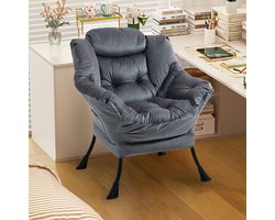 FloraGrace Fauteuil - Relaxfauteuil Met Zijvak En Metalen Frame - Comfortabele Zitstoel Voor Woonkamer Balkon En Terras - Velvet - Donkergrijs