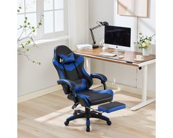 FloraGrace Gamingstoel 64 x 58 x 117-126 Cm - Ergonomisch Met Voetsteun En Massage - Kantoor En Gamerruimte - Zwart Blauw