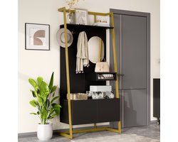 FloraGrace Garderobekast - Alles In Een Met Spiegel En Metalen Haken - Schoenbank En Opbergkast Voor Hal En Gang - MDF Zwart - 78x38,5x180,5 Cm