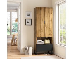 FloraGrace Garderobekast - Met Kledingroede En Verstelbare Planken - Met Lade En Open Vak Voor Hal Of Slaapkamer - Spaanplaat - 180x65x38 Cm - Naturel