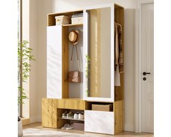 FloraGrace Garderobekast Met Spiegel En Schoenopslag – Halmeubel Voor Entree En Woonruimte – MDF – Wit En Naturel – 127 X 35 X 180,5 Cm