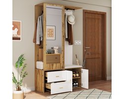 FloraGrace Garderobekast Met Spiegel - Uittrekbare Kledingstang En Schoenenbank - Hal Open Hanggedeelte - Spaanplaat - Wit Naturel - 100x38x180 Cm