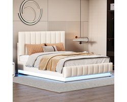 FloraGrace Gestoffeerd Bed 140x200 cm - Led - Hydraulische Opbergruimte - Verstelbaar Hoofdbord - Wit - Zonder Matras