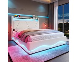 FloraGrace Gestoffeerd Bed 140x200cm – Hoofdbord Met Led En Open Rek – Gasveer Lattenbodem – Met Opbergruimte – Zonder matras – Fluweel – Beige