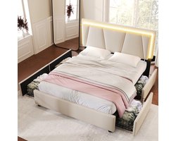 FloraGrace Gestoffeerd Bed 140x200cm – Met Ledverlichting – Verstelbaar Hoofdbord – 4 Lades Op Wielen – Zonder Matras – Linnenlook – Beige