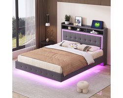 FloraGrace Gestoffeerd Bed 140x200cm – Met Usb Aansluiting En Led Verlichting – Bedframe Met Hoofdbord Opbergruimte – Zonder Matras – Linnen – Grijs
