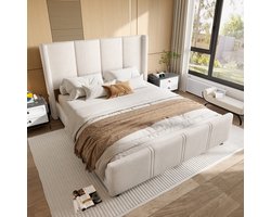 FloraGrace Gestoffeerd Bed 140x200cm – Met Usb Aansluitingen – Hoge Hoofd En Voetbord – Stabiel Frame – Zonder Matras – Fluweel – Beige