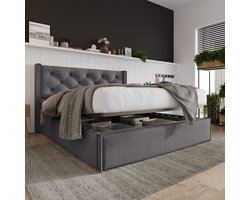 FloraGrace Gestoffeerd Bed 160x200 cm – Retro Hoofdbord Met Diepe Stiksels – Hydraulisch Opklapbaar Lattenbodem – Bedbak Opbergruimte – Katoen – Grijs | Zonder matras