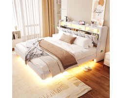 FloraGrace Gestoffeerd Bed 180x200 Cm – Hoofdbord Met Stopcontact En Opbergvakken – Ledverlichting Met App – Lattenbodem – Zonder Matras – Beige