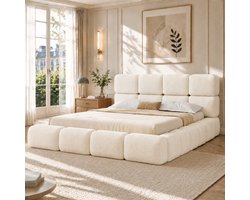 FloraGrace Gestoffeerd Bed 180x200 cm - Wolkenbed Met Lattenbodem - Gevoerde Hoofdbord En Opstaande Randen - Tweepersoons - Bouclé - Wit Zonder Matras