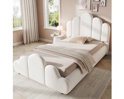 FloraGrace Gestoffeerd Bed 90 x 200 cm - Eenpersoons Kinderbed Met Lattenbodem - Wolkendesign - Met Opbergruimte - Samt - Beige - Zonder Matras