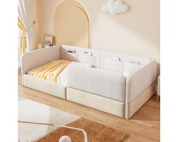 FloraGrace Gestoffeerd Bed 90x200 cm - Met Veiligheidshekje En Opbergvakken - Eenpersoonsbed - Zonder Matras - Wit