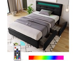FloraGrace Gestoffeerd Bed 90x200cm – Bedframe Met Led Verlichting – Verstelbaar Hoofdbord – Met 2 Lades – Zonder Matras – Linnen – Zwart