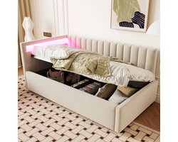 FloraGrace Gestoffeerd Bed 90x200cm – Eenpersoons Slaapbank Met Led Verlichting – Hydraulische Opbergruimte – Zonder Matras – Fluweel – Beige