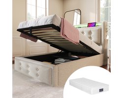 FloraGrace Gestoffeerd Bed 90x200cm – Eenpersoonsbed Met Led Hoofdbord En Oplaadstation – Hydraulische Opbergruimte – Met Matras – Katoen Linnen – Beige