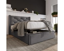 FloraGrace Gestoffeerd Bed 90x200cm – Hydraulisch Opklapbaar Lattenbodem – Grote Opbergruimte – Zonder Matras – Retro Katoen – Grijs