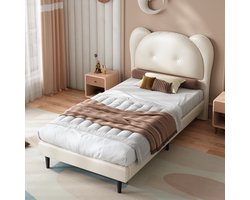 FloraGrace Gestoffeerd Bed 90x200cm – Kinderbed Met Dieren Hoofdbord – Stabiel Lattenbodem En Metalen Frame – Zonder matras – PU – Beige