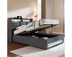 FloraGrace Gestoffeerd Bed 90x200cm – Met Led Verlichting En Usb Oplaadpunt – Gasveer Opbergruimte – Zonder Matras – Linnen – Grijs
