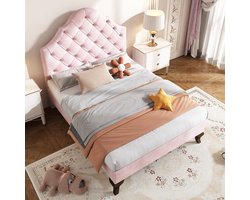 FloraGrace Gestoffeerd Bed 90x200cm – Verstelbaar Hoofdbord Met Knopen – Inclusief Lattenbodem – Zonder Matras – Voor Tienerkamer – Fluweel Roze