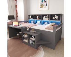 FloraGrace Halfhoogslaper 90x200 cm - Bed Met Bureau En USB Aansluiting - Met Opbergruimte En LED - Kinderkamer - Hout - Grijs - Zonder Matras