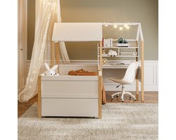 FloraGrace Halfhoogslaper 90x200 cm - Kinderbed Met Bureau en Boekenkast - Met Laden en Uitvalbeveiliging - Hout MDF - Wit - Zonder Matras