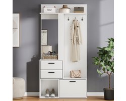 FloraGrace Halmeubel - Garderobekast Met Spiegel En 2 Lades - Voor Hal En Slaapkamer - MDF - 90x30x180 Cm - Wit