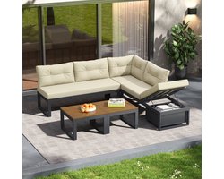FloraGrace Hoekbank 191,5 x 191,5 cm - 3-Standen Verstelbaar Met Opbergruimte - Voor Tuin En Balkon - Polyester - Beige