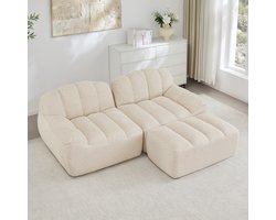 FloraGrace Hoekbank 2-Zits Met Ottomaan - Modulair En Frameloos - Ergonomisch Comfort Voor Woonkamer - Fleece - Beige Wit