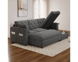 FloraGrace Hoekbank 219 x 131 x 86 cm - Met Verwisselbare Chaise Longue, Opbergruimte En Hocker - Woonkamer - Fluweel - Grijs
