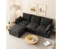 FloraGrace Hoekbank 222,5 x 154,5 x 76,5 cm - L-Vorm Met Losse Hocker En Kussens - Woonkamer En Appartement - Chenille - Donkergrijs