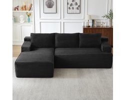 FloraGrace Hoekbank 238 x 152 x 66 cm - Modulaire Diepe Zitting Met Slaapfunctie, Zonder Montage - Woonkamer - Ribfluweel - Zwart