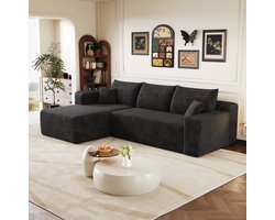 FloraGrace Hoekbank 241 Cm - 3-Zits L-Vormige Bank Met Omkeerbare Chaise Longue, Zonder Montage - Woonkamer - Corduroy Stof - Zwart