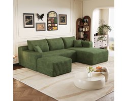 FloraGrace Hoekbank 241 Cm - 4-Zits L-Vormige Bank Zonder Montage Met Diepe Zitting - Voor Woonkamer - Stoffen Corduroy - Groen