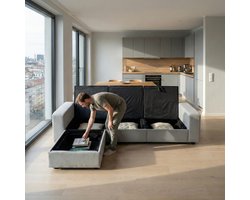 FloraGrace Hoekbank 245,5 Cm - Met Opbergruimte, Chaise Longue En Pocketvering - Voor Woonkamer - Hout, Metaal En Polyester - Lichtgrijs