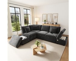 FloraGrace Hoekbank 247,5 x 172 x 87 cm - Modulaire Slaapbank Met Omkeerbare Hoek, Opberghockers En USB - Chenille - Grijs