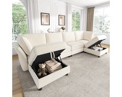 FloraGrace Hoekbank 289 x 137 x 84 cm - Modulair 6-Zits U Of L Design Met Opberghockers - Voor Woonkamer Of Slaapkamer - Chenille - Beige