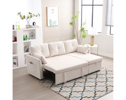 FloraGrace Hoekbank 3 Zits 206 Cm Met Slaapfunctie En Opbergruimte Voor Woonkamer - Stof - Beige
