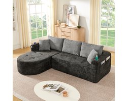 FloraGrace Hoekbank – 3-Zits L-Vorm Cloud Couch 255 x 170 cm – Geen Montage, Met Rvs Bekerhouder En Opbergvakken – Linnen – Zwart