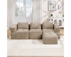 FloraGrace Hoekbank 3-Zits - L-Vormige Modulaire Bank met 1 Hocker - Frameloos, Met 32D Schuim en Diepe Zitting - Voor Woonkamer - Polyester - Sand