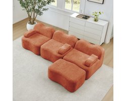 FloraGrace Hoekbank 3-Zits - Modulair Bankstel Met Hocker En Diepe Zitting - Woonkamer - Fluweel - Oranje