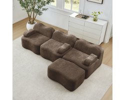 FloraGrace Hoekbank 3-Zits - Modulair Met Hocker En Diepe Zitting - Voor Woonkamer Of Appartement - Fluweel - Bruin