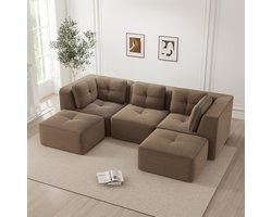 FloraGrace Hoekbank 3-Zits - Modulair U-Vormig Ontwerp Met Ottomane En Diepe Zitting - Voor Woonkamer - Corduroy - Bruin