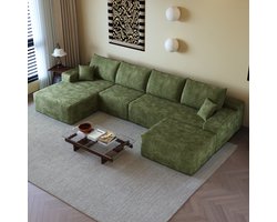 FloraGrace Hoekbank 340 Cm - 5-Zits Modulaire Bank Met L-Vormige Chaise Longue - Geen Montage Nodig - Corduroy - Groen