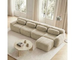 FloraGrace Hoekbank 4 Zits L Vorm - Modulaire Opstelling Met Chaise Longue - Geen Montage Nodig - Pluche Stof - Licht Khaki