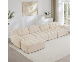 FloraGrace Hoekbank 4-Zits - Modulair En Frameloos Met Ottoman - Diepe Zitting Voor Woonkamer - Fleece - Beige Wit