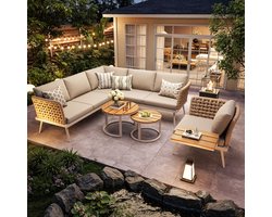 FloraGrace Hoekbank Voor Buiten 6-Zits - Met 2 Tafels, Kussens En Modulair Design - Tuin Of Terras - IJzer - Beige