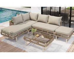 FloraGrace Hoekbankset Voor Buiten 225 x 167 cm - Modulair Met Glazen Salontafel - Voor Terras En Balkon - IJzer - Beige