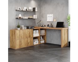 FloraGrace Hoekbureau - 360 Graden Draaibaar L Vormig Bureau Met Opbergruimte En Laden - Voor Thuiswerk En Kantoor - MDF - Eiken