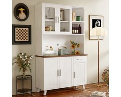 FloraGrace Hoge Kast - Landelijke Houtnerf Look Met Vitrine En Lade - Opbergen Voor Woonkamer En Eetkamer - Spaanplaat Wit Bruin - 114x40x190 cm